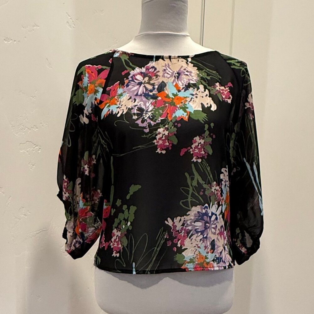 Francesca's Sheer Floral Balloon Sleeve Blouse